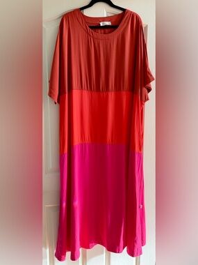 Noen Lyocell Colorblock Maxi Dress Red Pink Scandi Minimalist Size XL
